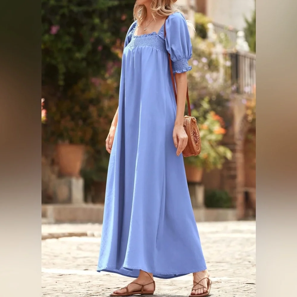 Light Blue Smocked Maxi Dress with Pockets - Picture 6 of 8